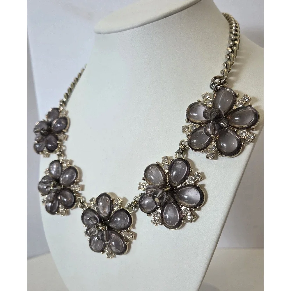 Floral Clear Crystal Rhinestones Necklace Smoky Gray‎ Beaded Flowers Chunky 19